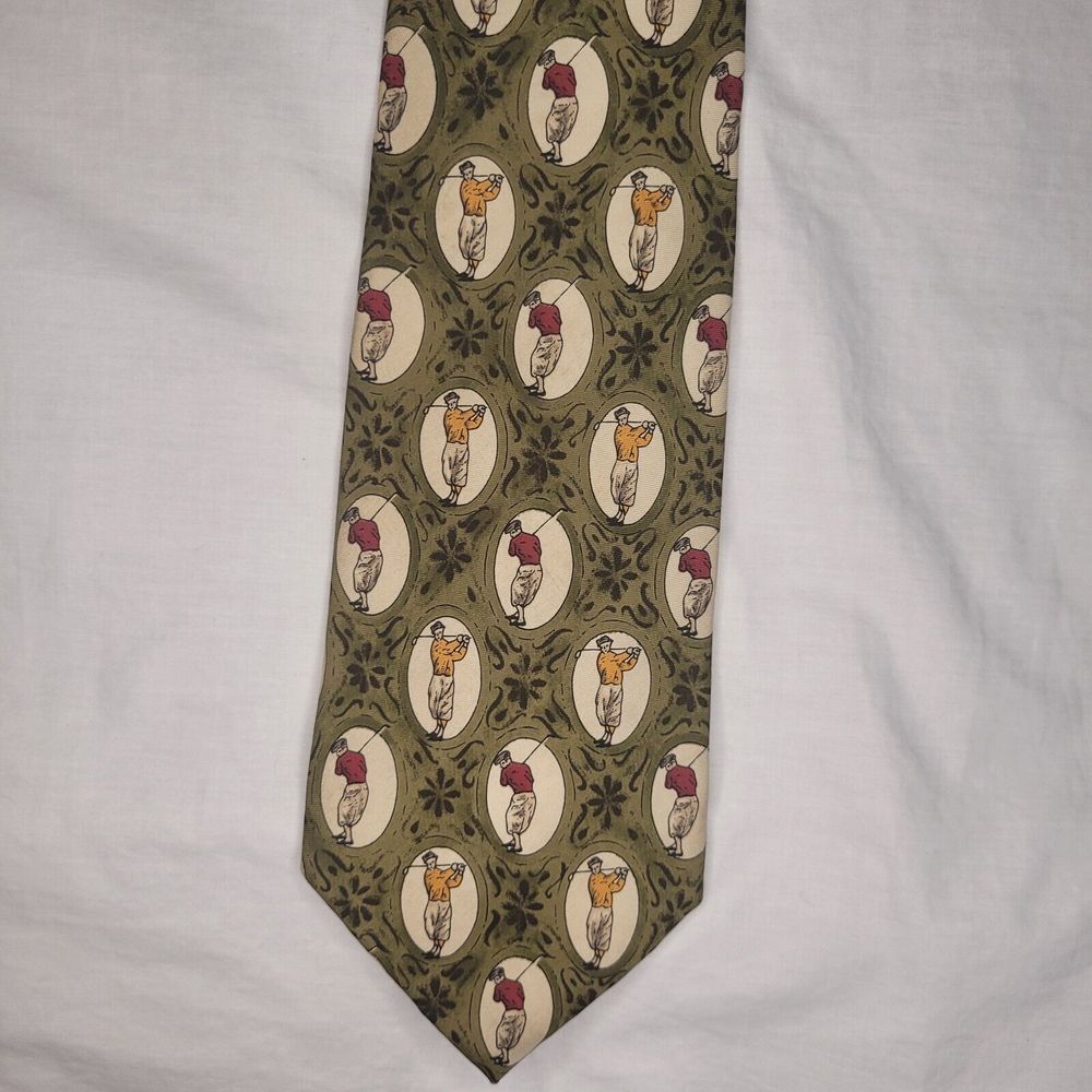 Lands End Olive Green Tie with Golfer Figure Print 4in